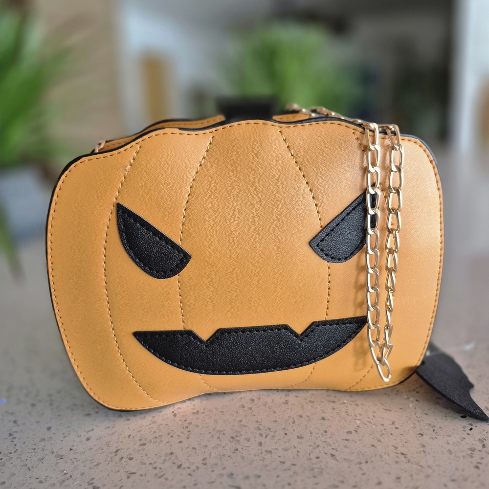 Pumpkin Face Chain Shoulder Bag - Orange and Black